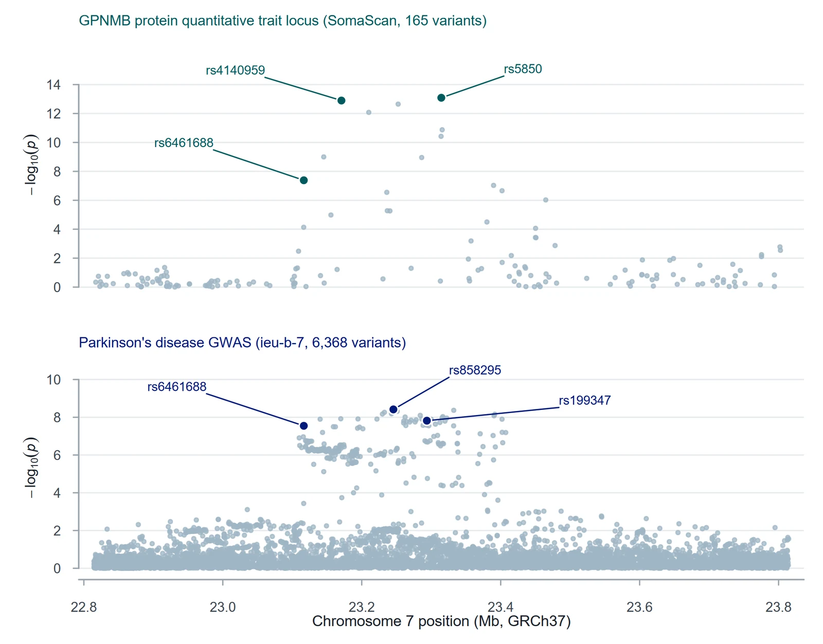 The GPNMB locus on chromosome 7 (GRCh37): SomaScan protein QTL (165 variants) above, Parkinson’s disease GWAS (ieu-b-7) below.