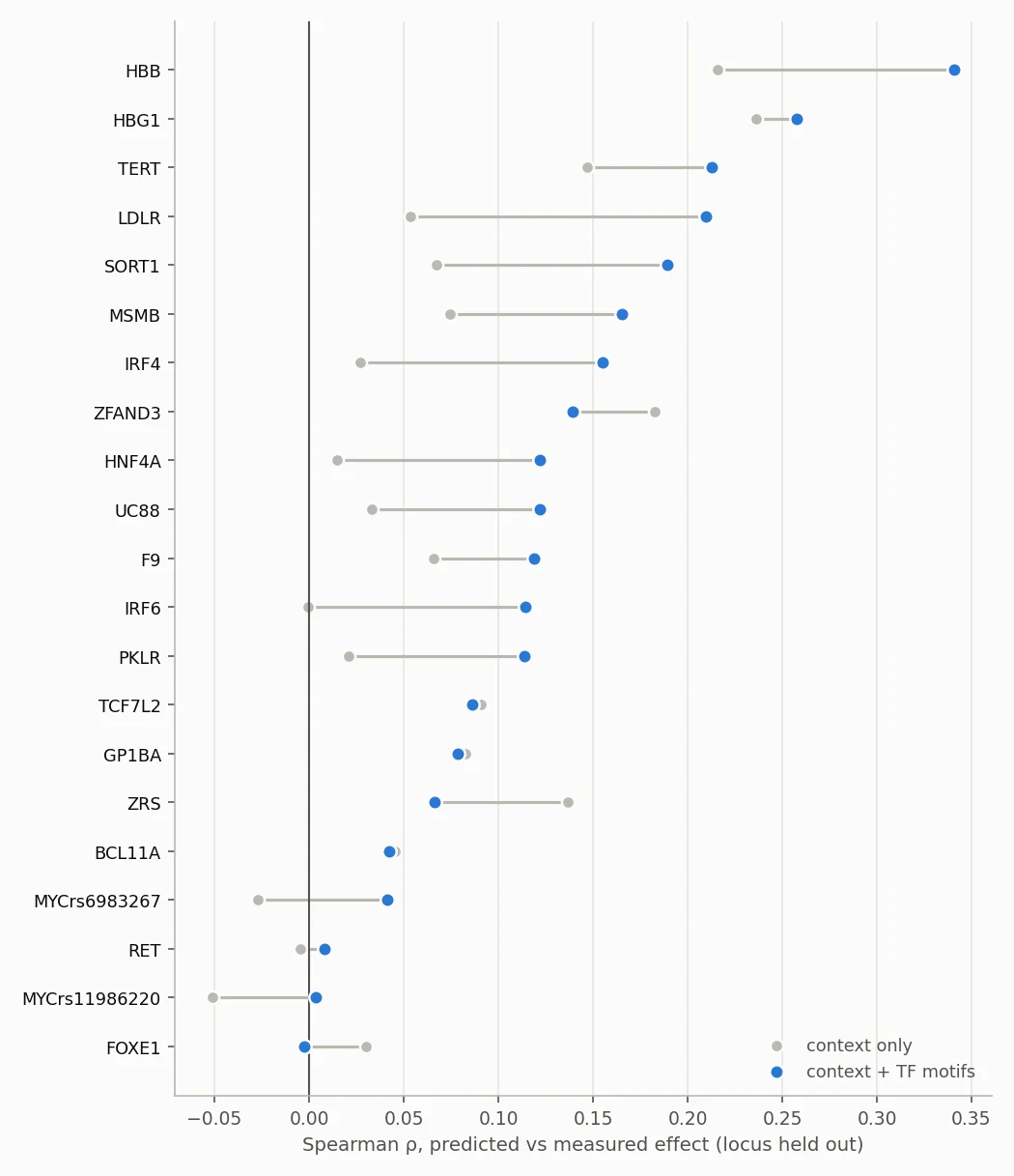 Bar chart of held-out Spearman correlation for each locus