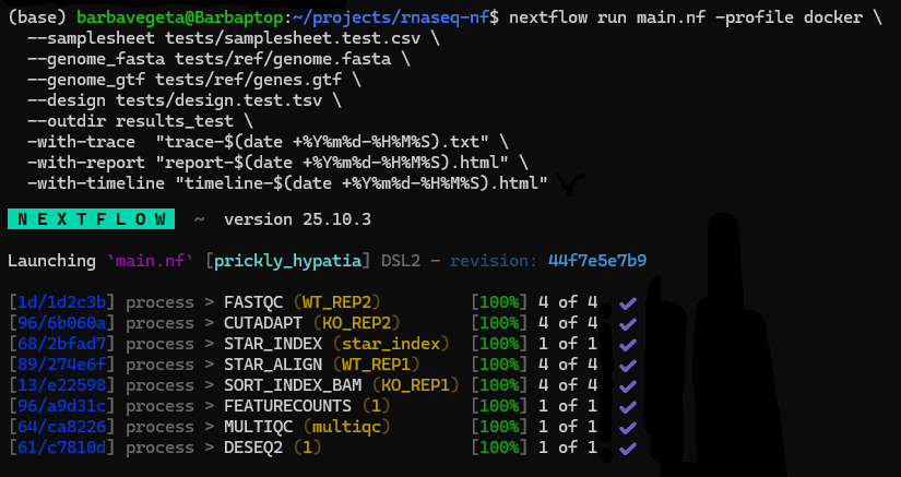 Nextflow RNA-seq pipeline: successful Docker test run (Docker profile)